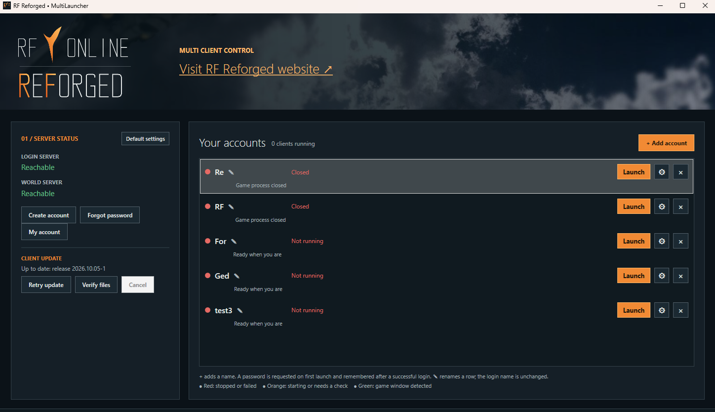 The RF Reforged MultiLauncher: server status, account tools and client updates on the left, and a list of accounts, each with its own Launch button, on the right