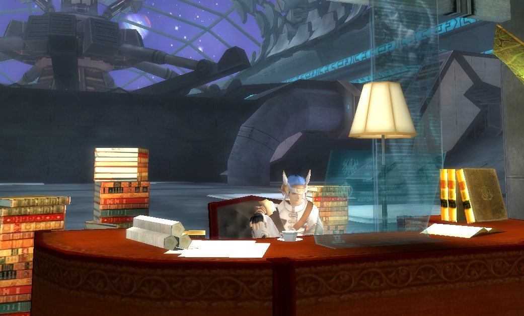 A researcher at a desk piled with books and scrolls, beneath a lamp and a holographic display